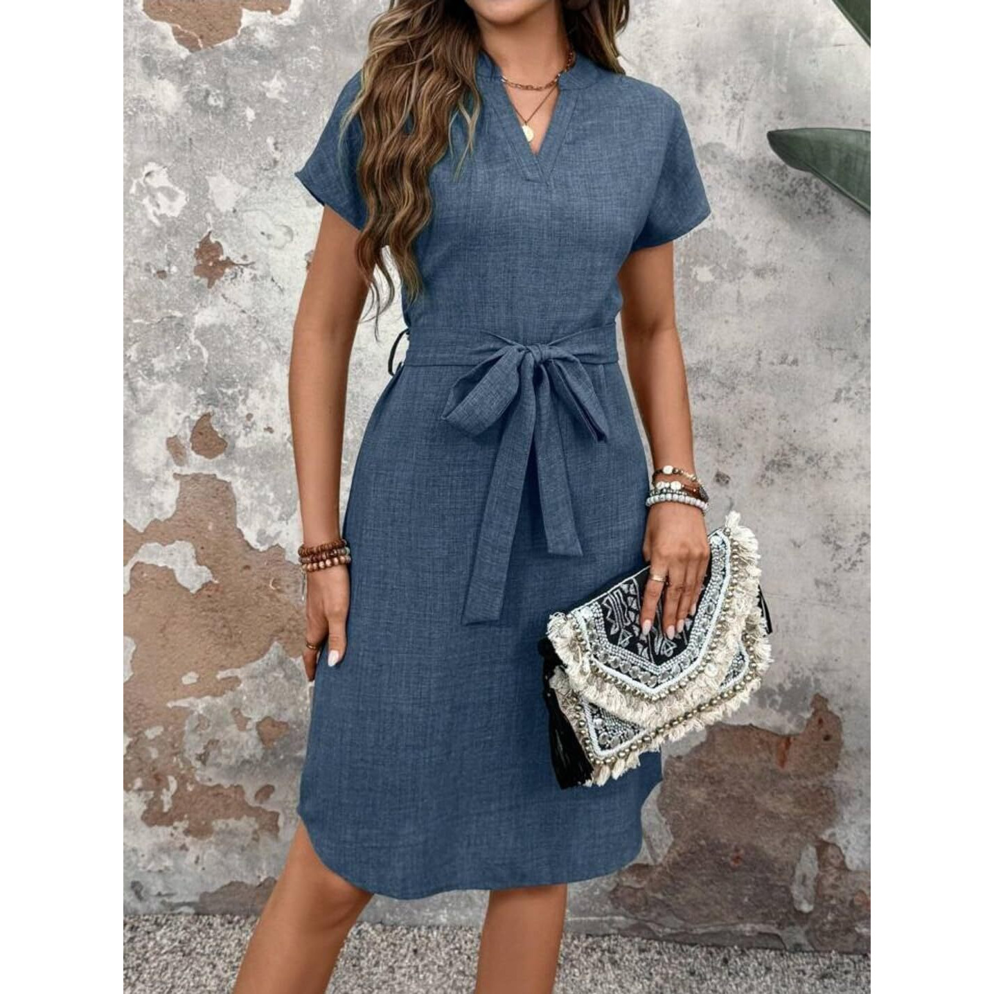 Gufrina Women Western Dresses In Solid, Relaxed Fit, V-Neckline, And Waist Tie-Up Design (Blue Xl)