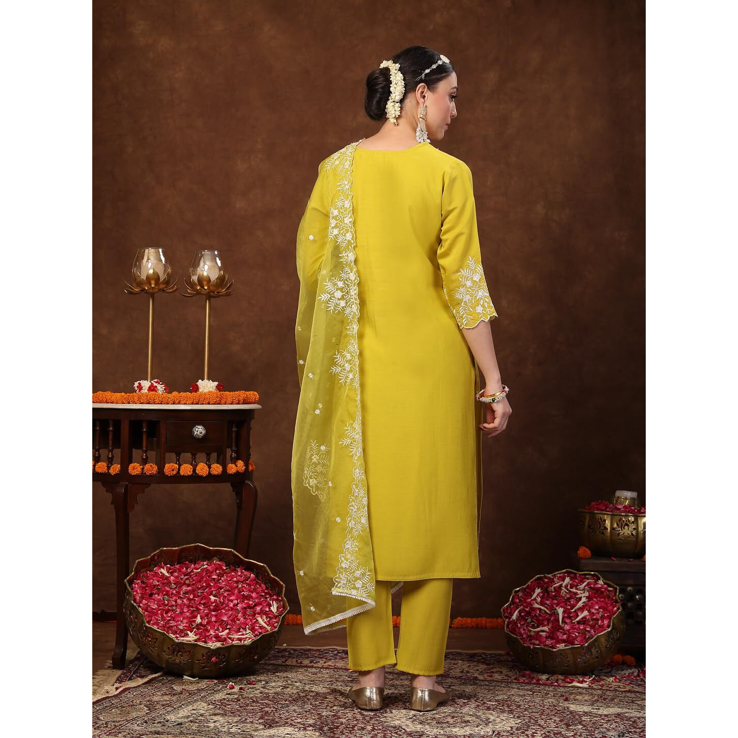 Stylum Women's Lime Green Solid & Embroidered Silk Straight Kurta Pant Dupatta Set