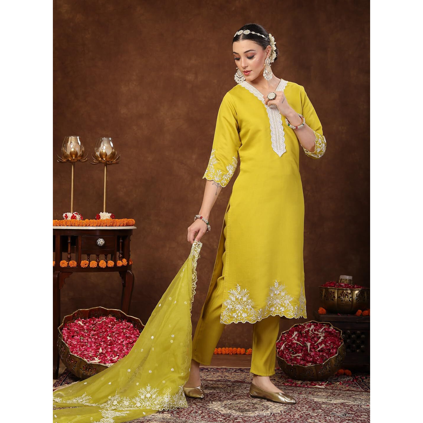 Stylum Women's Lime Green Solid & Embroidered Silk Straight Kurta Pant Dupatta Set