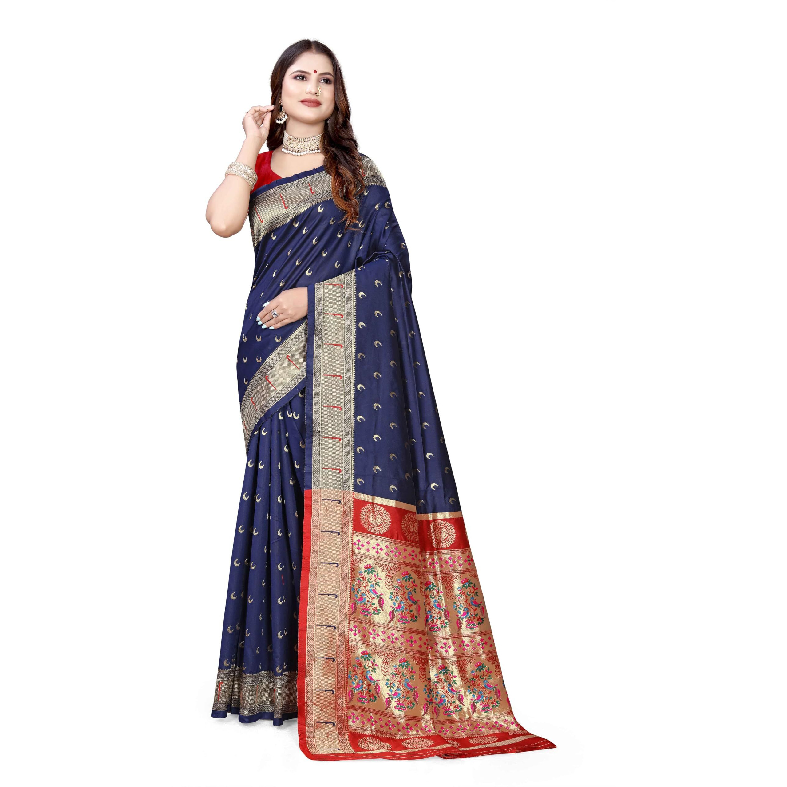 Sugathari Women's Banarasi Saree Pure Paithani Kanjivaram Silk Soft New Ladies 2024 Design Wear Sarees Latest Cotton Party Sari Collections With Blouse Piece For Wedding Sadi (Pari-206 Navy Blue)