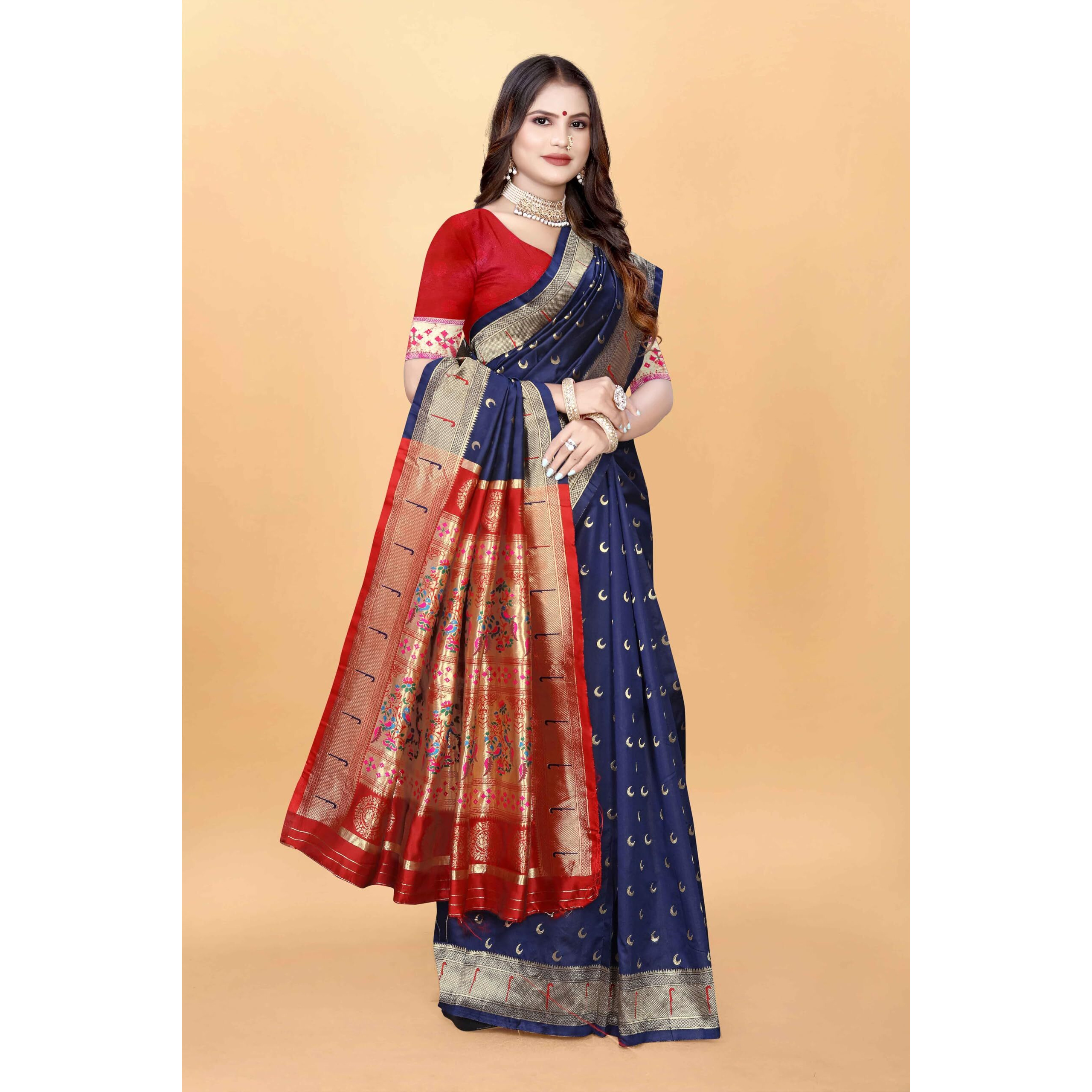 Sugathari Women's Banarasi Saree Pure Paithani Kanjivaram Silk Soft New Ladies 2024 Design Wear Sarees Latest Cotton Party Sari Collections With Blouse Piece For Wedding Sadi (Pari-206 Navy Blue)