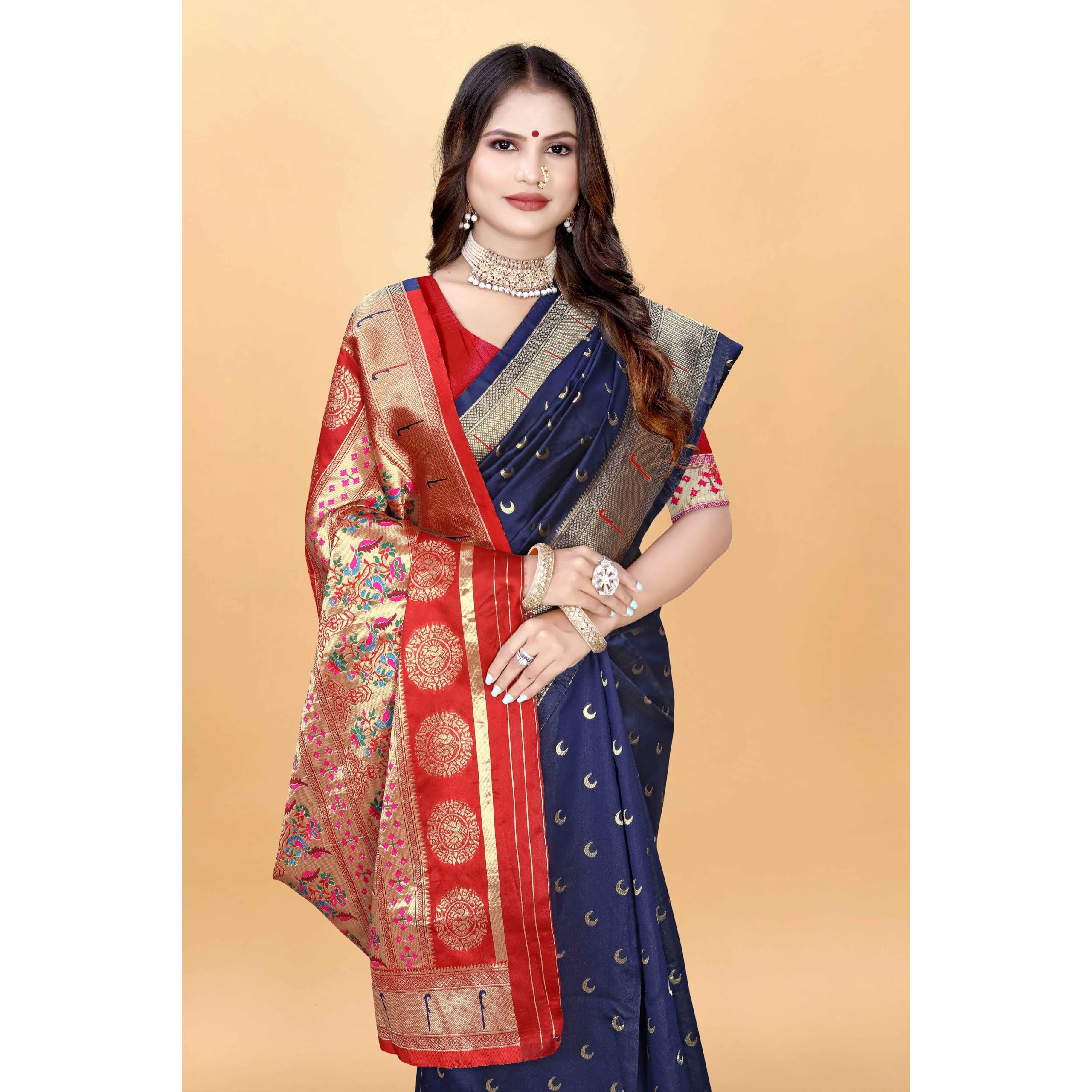 Sugathari Women's Banarasi Saree Pure Paithani Kanjivaram Silk Soft New Ladies 2024 Design Wear Sarees Latest Cotton Party Sari Collections With Blouse Piece For Wedding Sadi (Pari-206 Navy Blue)