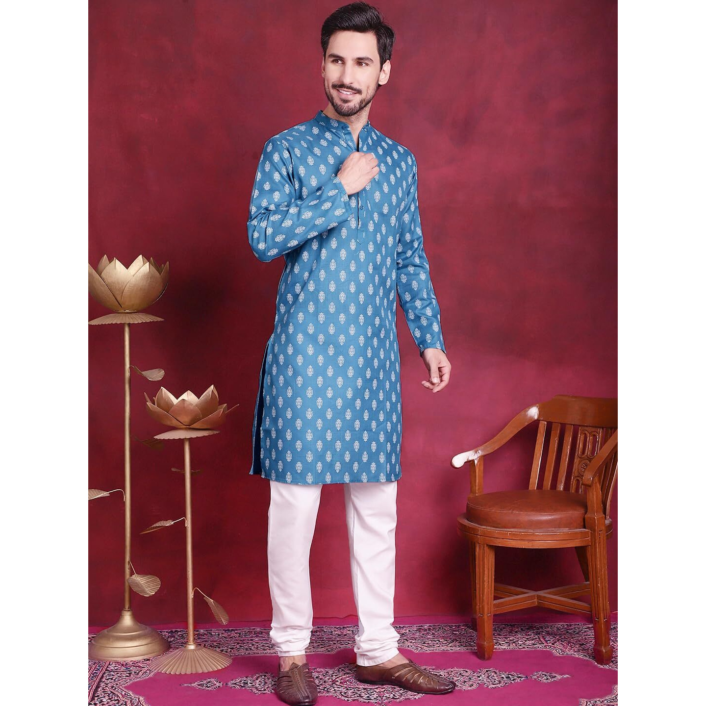 Jompers Teal Floral Printed Kurta With Pyjama For Men (Teal, Xl)