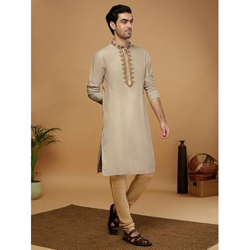 Kisah Mens Kurta, Jacquard Floral Mandarin Collar Long Sleeves, Beige Ethnic Wear For Men, 40