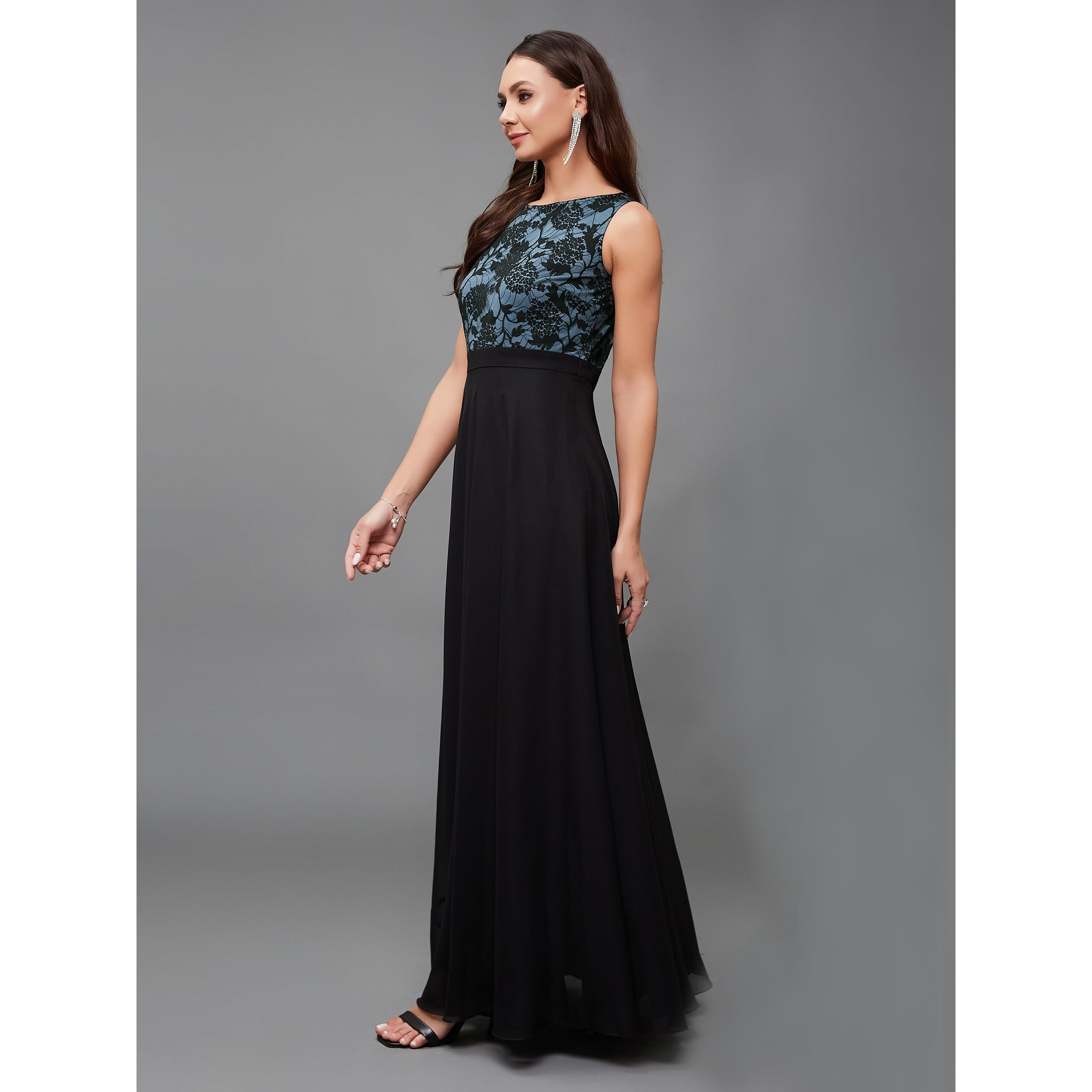 Miss Chase Women's Round Neck Sleeveless Floral Lace Fit & Flare Maxi Dress (Plus (Mcss24D97-10-102-02, Blue & Black, Xs)