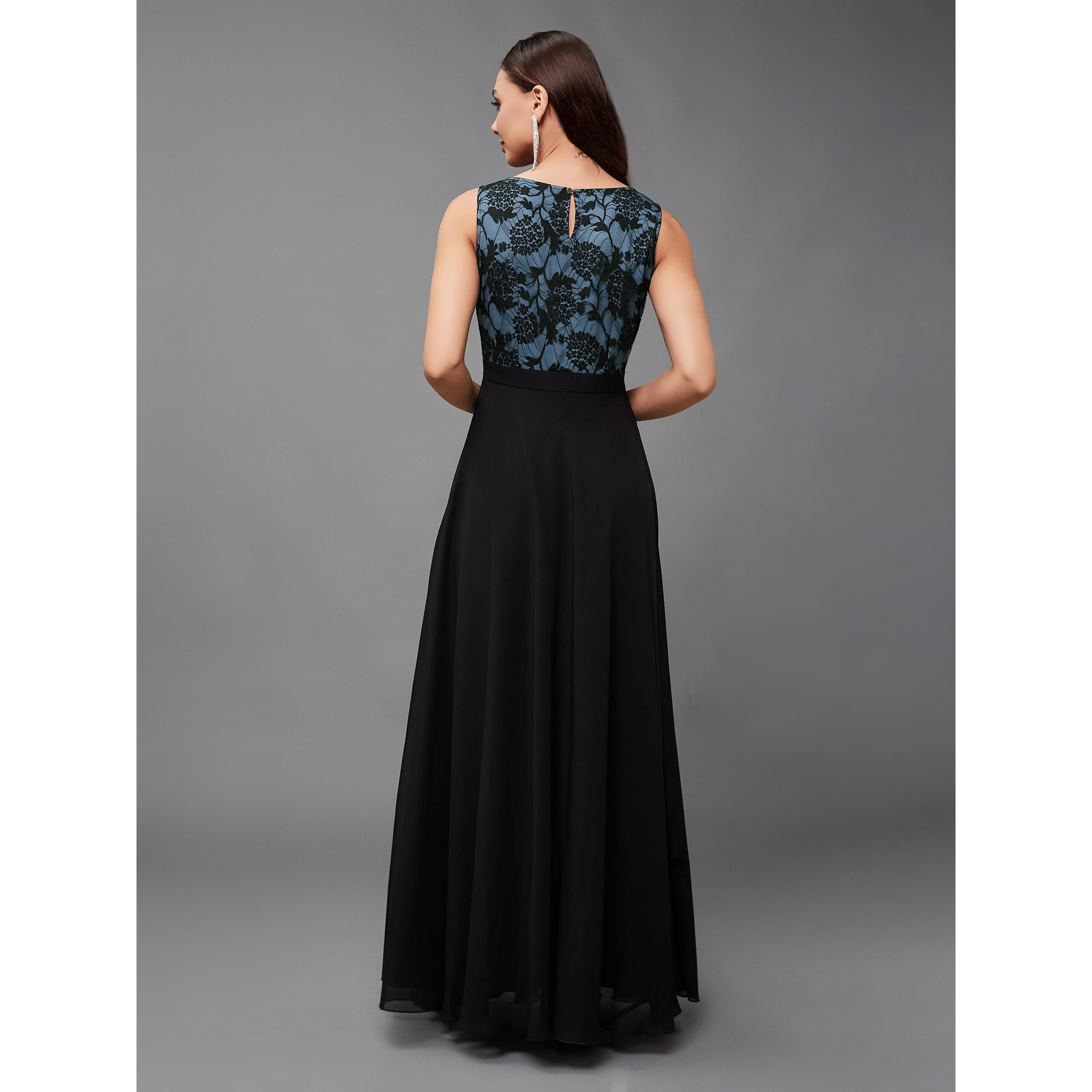 Miss Chase Women's Round Neck Sleeveless Floral Lace Fit & Flare Maxi Dress (Plus (Mcss24D97-10-102-02, Blue & Black, Xs)