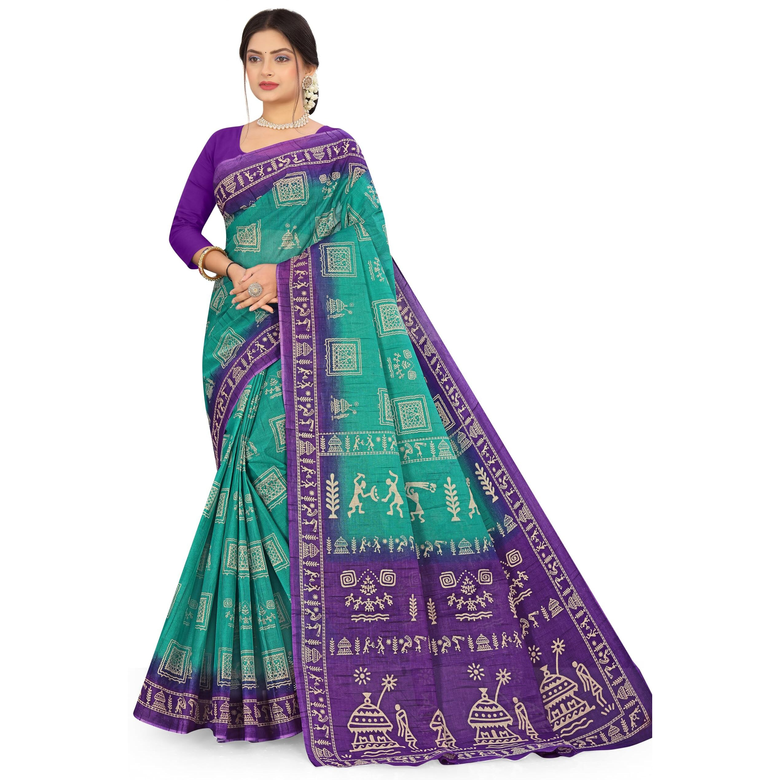 Tamaira Fashion Women's Warli Print Pure Cotton Saree Without Blouse Piece(2467_Seagreen)