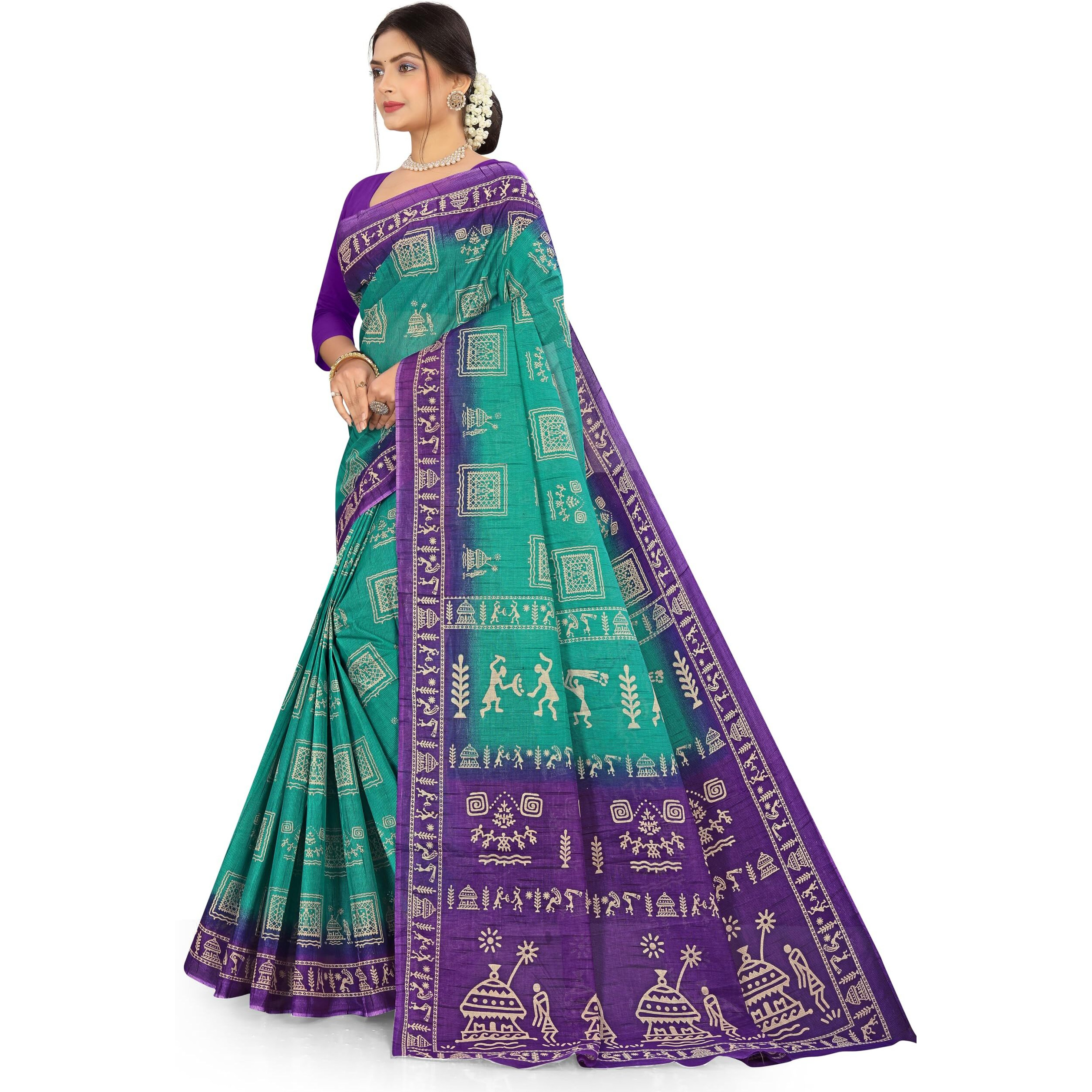 Tamaira Fashion Women's Warli Print Pure Cotton Saree Without Blouse Piece(2467_Seagreen)