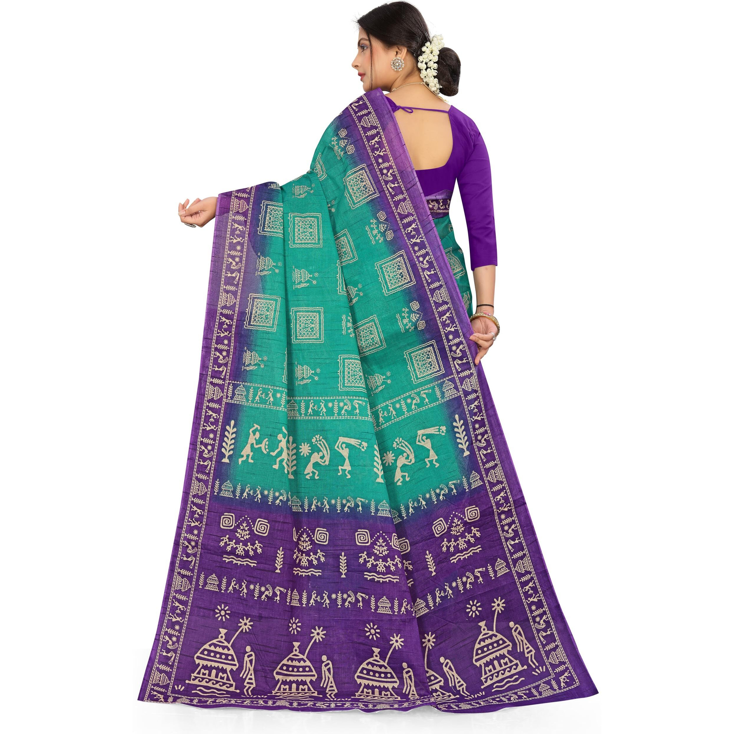 Tamaira Fashion Women's Warli Print Pure Cotton Saree Without Blouse Piece(2467_Seagreen)