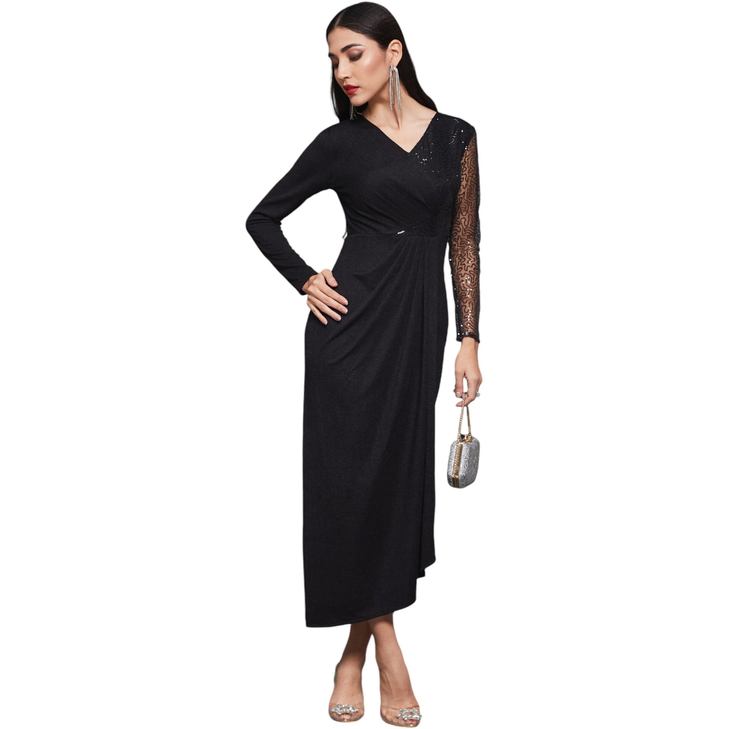 Miss Chase Women's V-Neck Full Sleeve Dress (Mcaw23D13-86-62-02, Black, Xs)