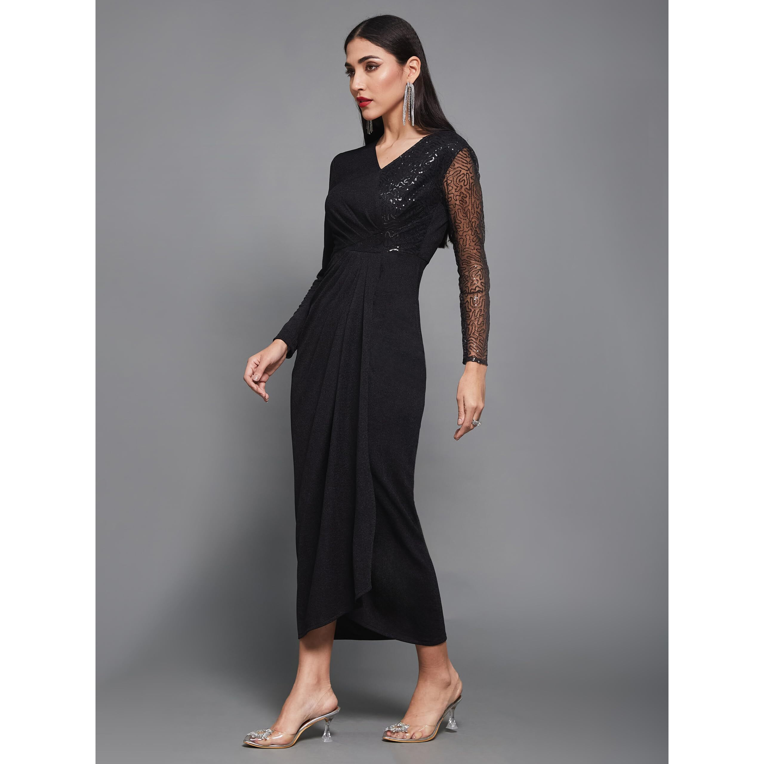 Miss Chase Women's V-Neck Full Sleeve Dress (Mcaw23D13-86-62-02, Black, Xs)