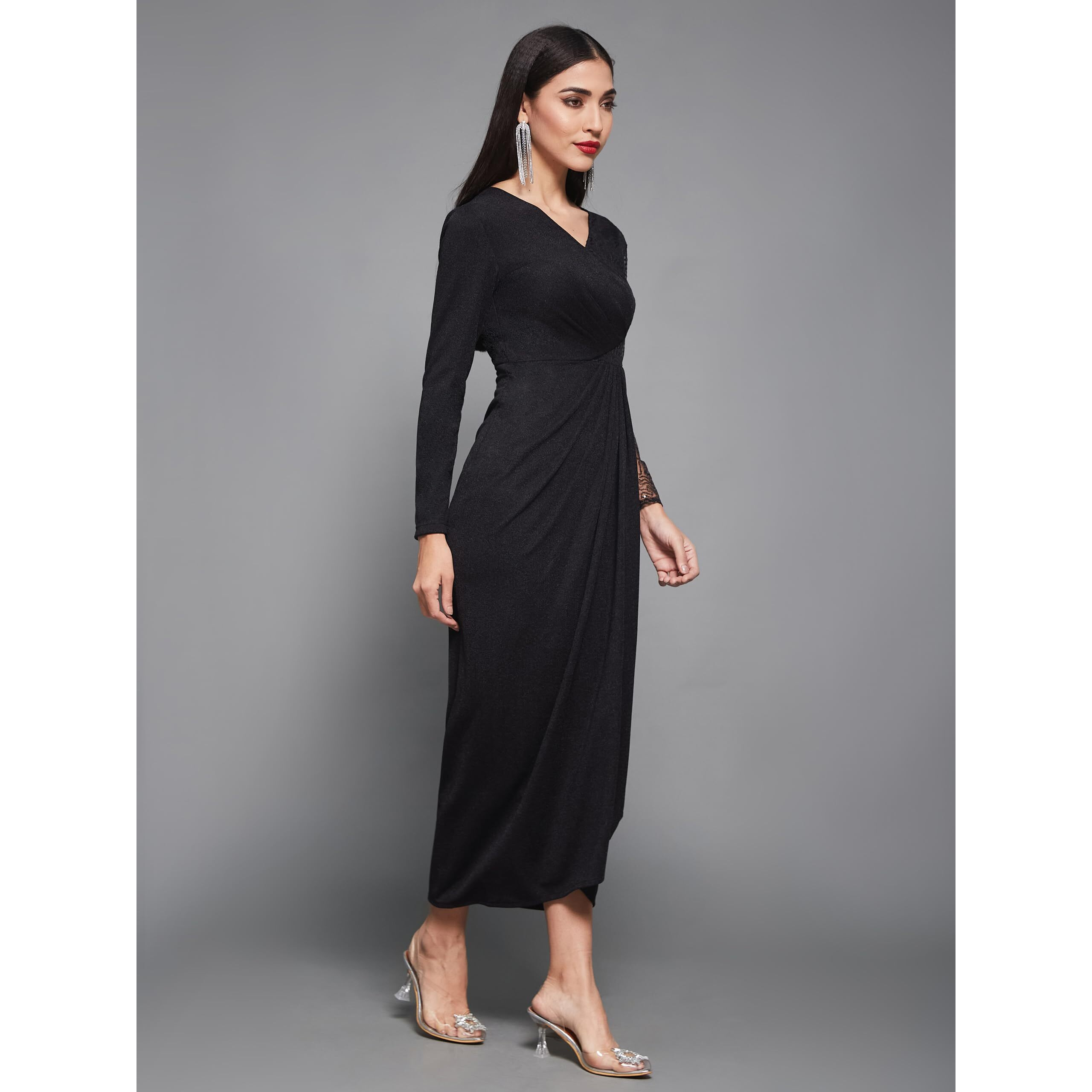 Miss Chase Women's V-Neck Full Sleeve Dress (Mcaw23D13-86-62-02, Black, Xs)