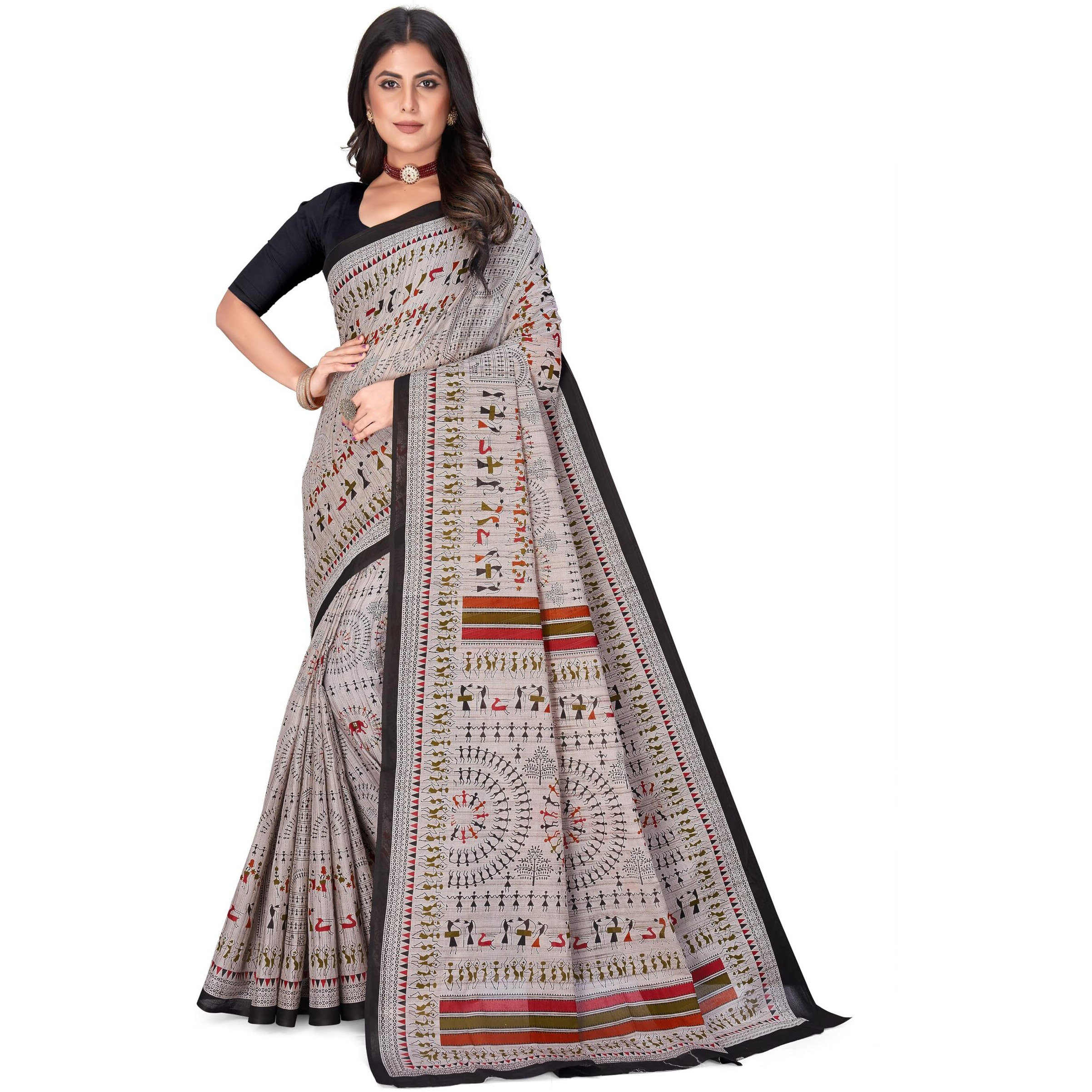 Tamaira Fashion Women's Warli Printed Pure Cotton Mulmul Saree Without Blouse Piece(2509_Grey)