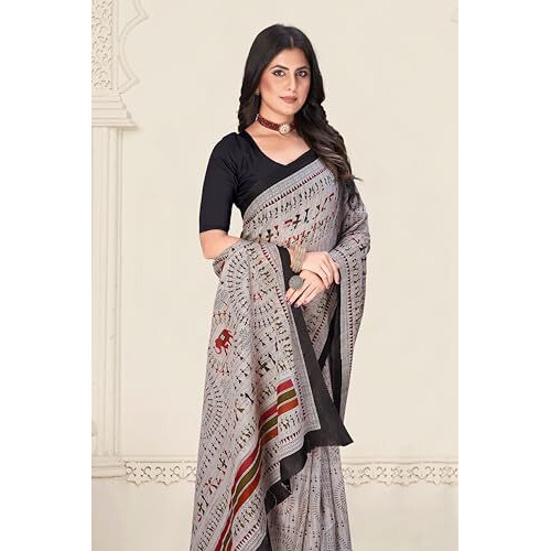 Tamaira Fashion Women's Warli Printed Pure Cotton Mulmul Saree Without Blouse Piece(2509_Grey)