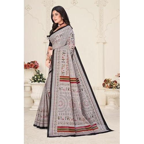Tamaira Fashion Women's Warli Printed Pure Cotton Mulmul Saree Without Blouse Piece(2509_Grey)
