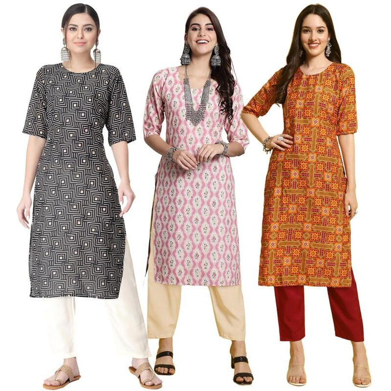 Pinkmint Women's Crepe Printed Kurta Pant Straight Kurta Set For Women(Pack Of 3)