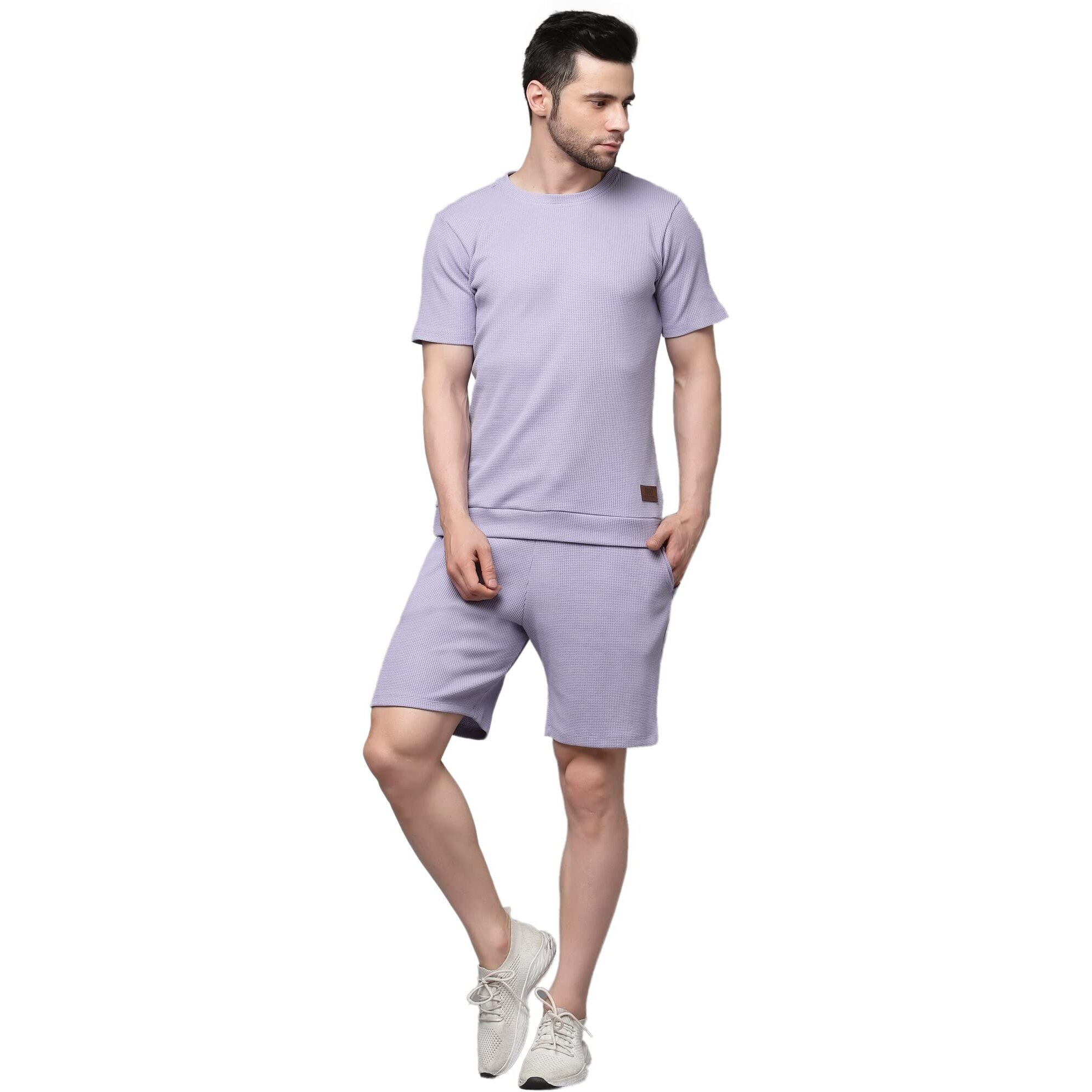 Rigo Waffle Knit Self Textured Co-Ord Set For Men's | Night Suit Set For Men's | Lounge-Wear Nightdress Pajama Set For Men's | Night Wear, Beach Wear, Vacation Wear Light Purple