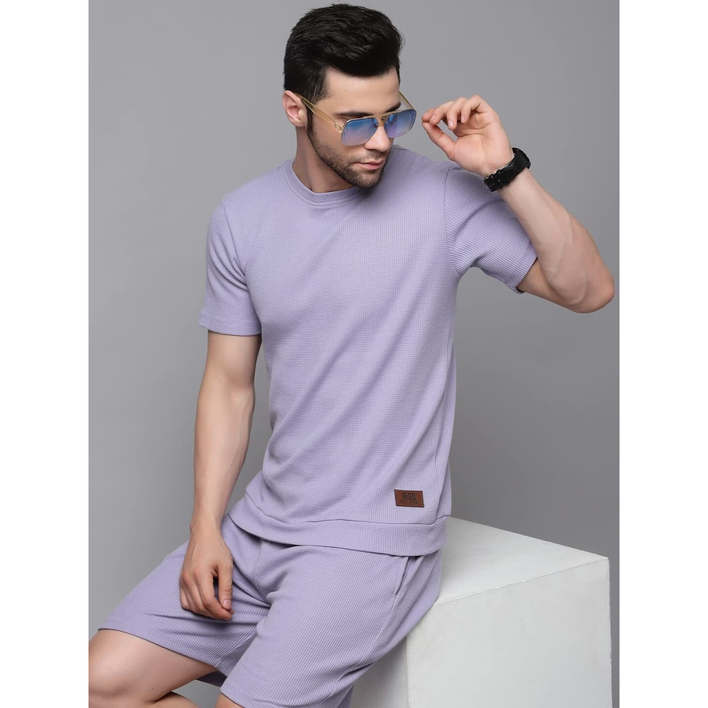 Rigo Waffle Knit Self Textured Co-Ord Set For Men's | Night Suit Set For Men's | Lounge-Wear Nightdress Pajama Set For Men's | Night Wear, Beach Wear, Vacation Wear Light Purple