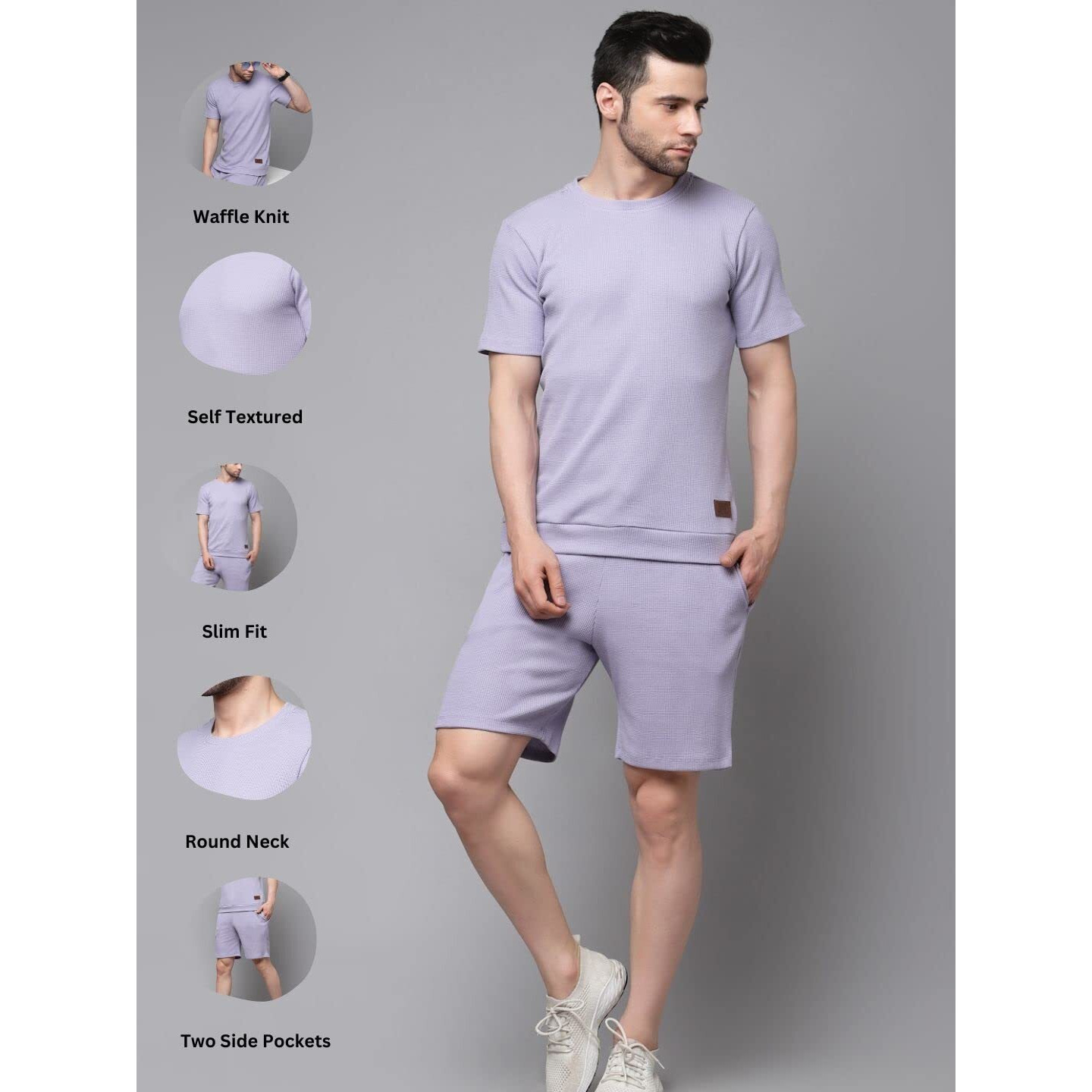 Rigo Waffle Knit Self Textured Co-Ord Set For Men's | Night Suit Set For Men's | Lounge-Wear Nightdress Pajama Set For Men's | Night Wear, Beach Wear, Vacation Wear Light Purple