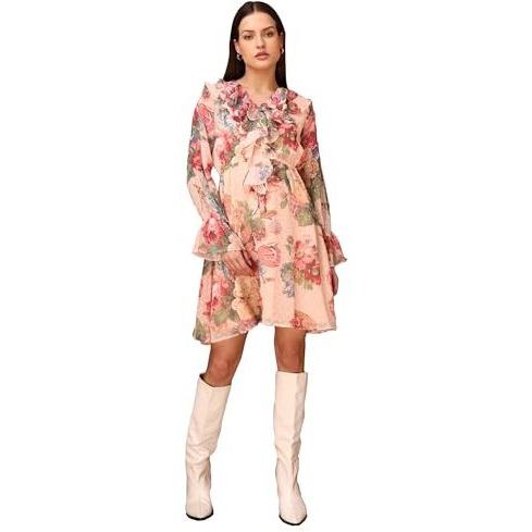 Purvaja Womens V-Neck Georgette Mini Dress (Floe-107-Beige_Xx-Large)