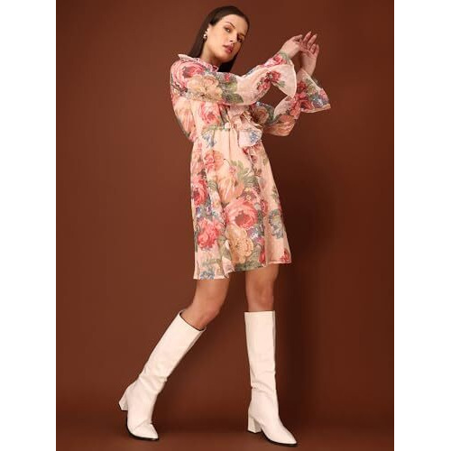 Purvaja Womens V-Neck Georgette Mini Dress (Floe-107-Beige_Xx-Large)