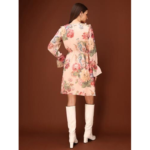 Purvaja Womens V-Neck Georgette Mini Dress (Floe-107-Beige_Xx-Large)