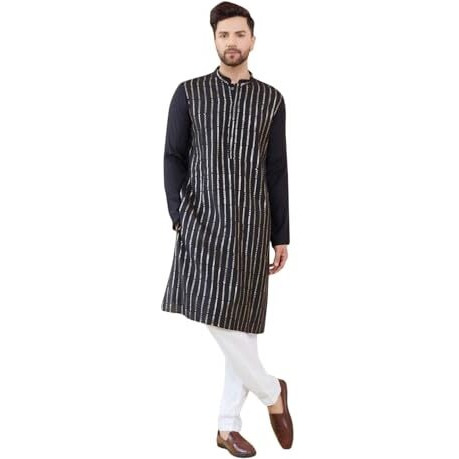 See Designs Men Full Sleeve Side Slit Black And Gold Chanderi Silk Sequins Mandarin Collar Kurta - Sd2Kt_2426S