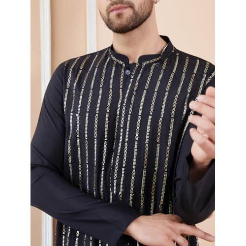 See Designs Men Full Sleeve Side Slit Black And Gold Chanderi Silk Sequins Mandarin Collar Kurta - Sd2Kt_2426S