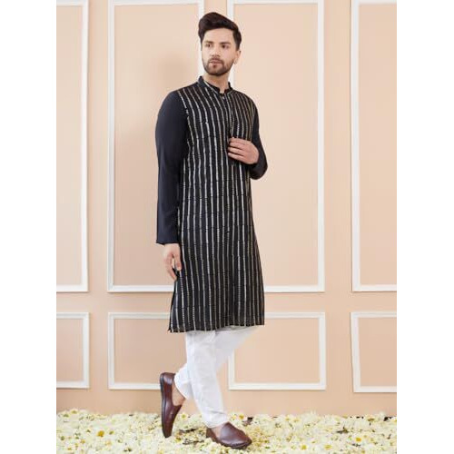 See Designs Men Full Sleeve Side Slit Black And Gold Chanderi Silk Sequins Mandarin Collar Kurta - Sd2Kt_2426S
