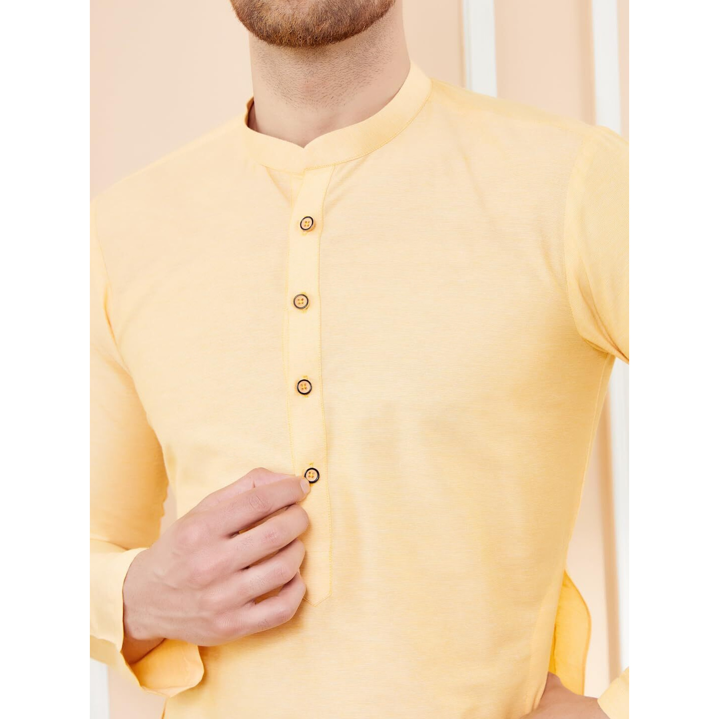 See Designs Men Full Sleeve Mandarin Collar Side Slit Beige Cotton Solid Straight Kurta With Matching Pyjama - Sdkt2414-18Xs