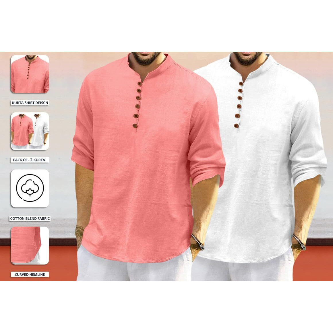 Royalscout Men's Cotton Polyester Blend Solid Regular Fit Full Sleeve Short Kurta | Ethnic, Lightweight Summer Kurta For Daily & Occasion Use Peach-White