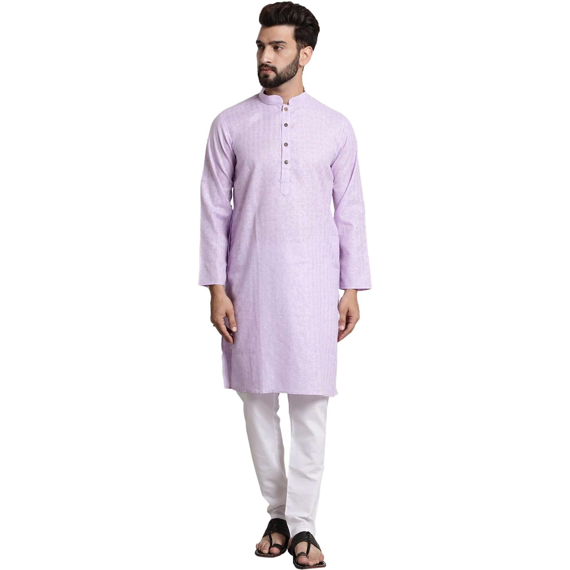 Sojanya (Since 1958 Men's Cotton Blend Purple Checked Kurta And White Churidar Pyjama Set