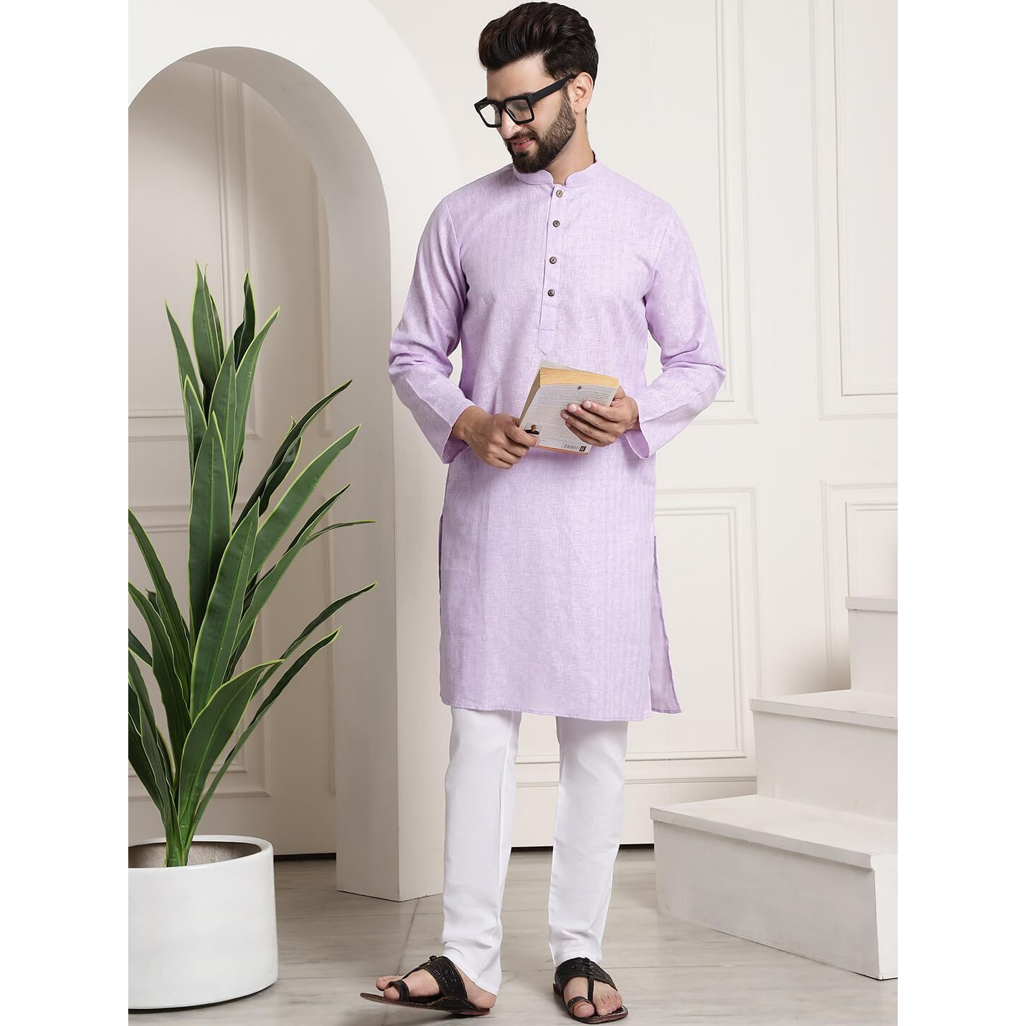 Sojanya (Since 1958 Men's Cotton Blend Purple Checked Kurta And White Churidar Pyjama Set
