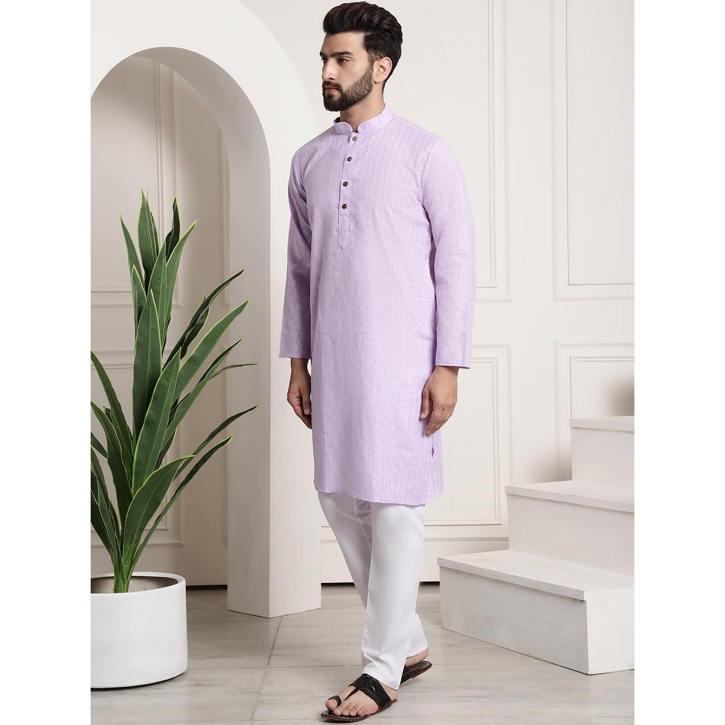 Sojanya (Since 1958 Men's Cotton Blend Purple Checked Kurta And White Churidar Pyjama Set