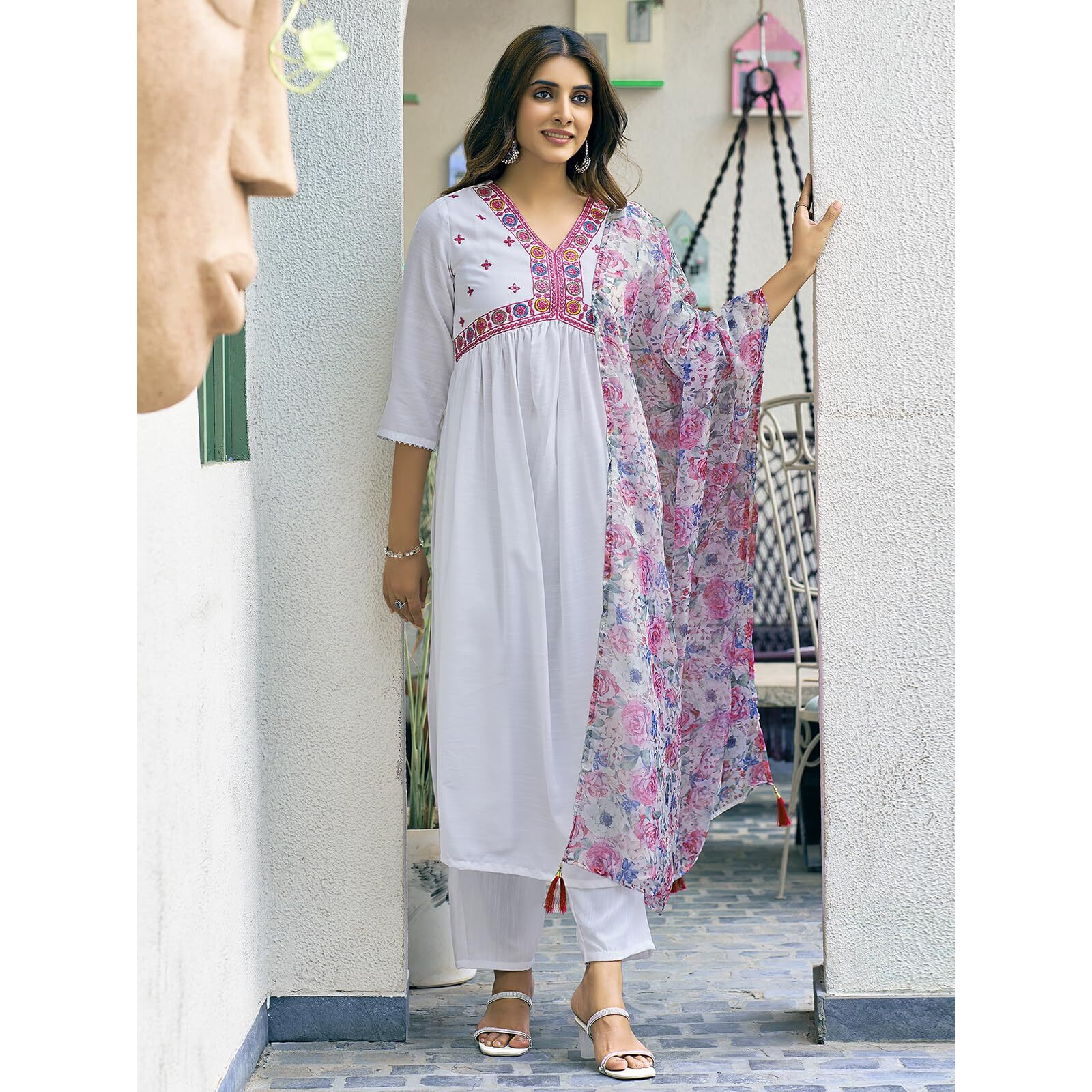 Sanisa Women's Cotton Blend Sequence Embroidery Foil Printed Lace Alia Cut Kurta With Pant And Dupatta Set| Ethnic Set | Suit Set | Kurta Set(206Kbd2187N-Xxl_White)