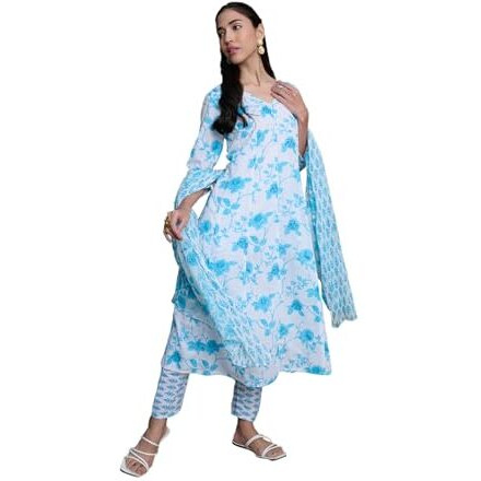 Stylum Women's Floral Printed Cotton A-Line Kurta Pant Dupatta Set (Kpdskymoringa44_Sky Blue, Xxl)