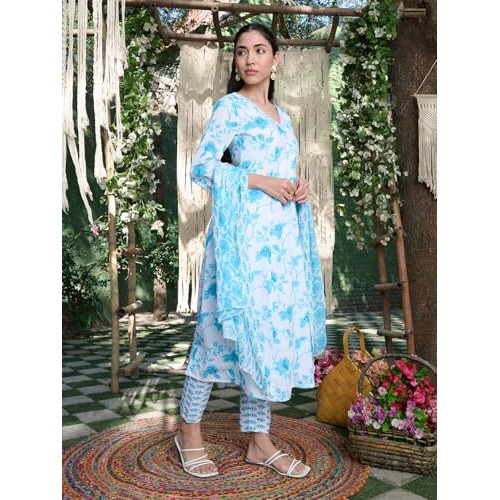 Stylum Women's Floral Printed Cotton A-Line Kurta Pant Dupatta Set (Kpdskymoringa44_Sky Blue, Xxl)