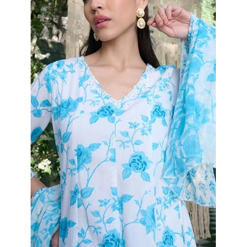 Stylum Women's Floral Printed Cotton A-Line Kurta Pant Dupatta Set (Kpdskymoringa44_Sky Blue, Xxl)
