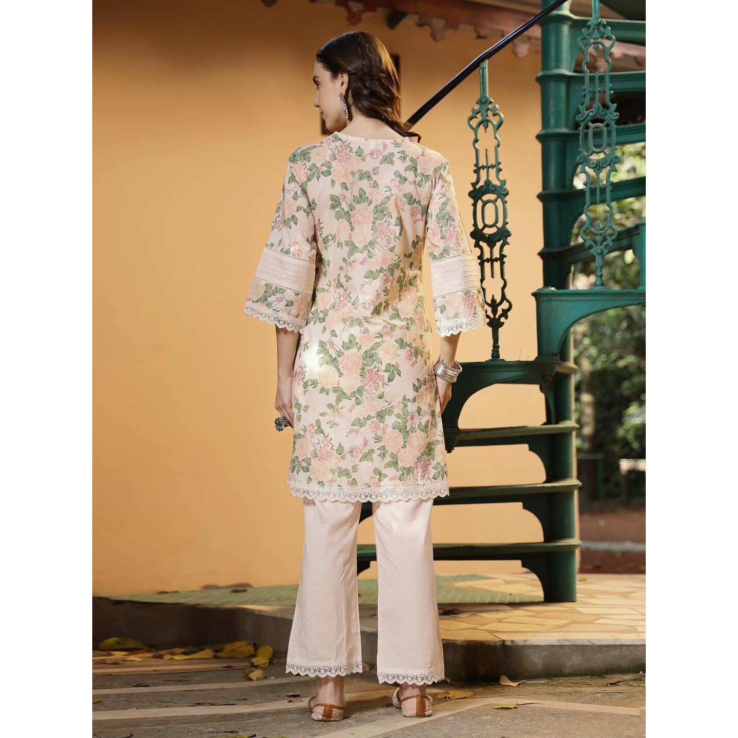 Stylum Women's Floral Printed Cotton Co-Ord Set (Csmarcocpeach42_Peach, Xl)