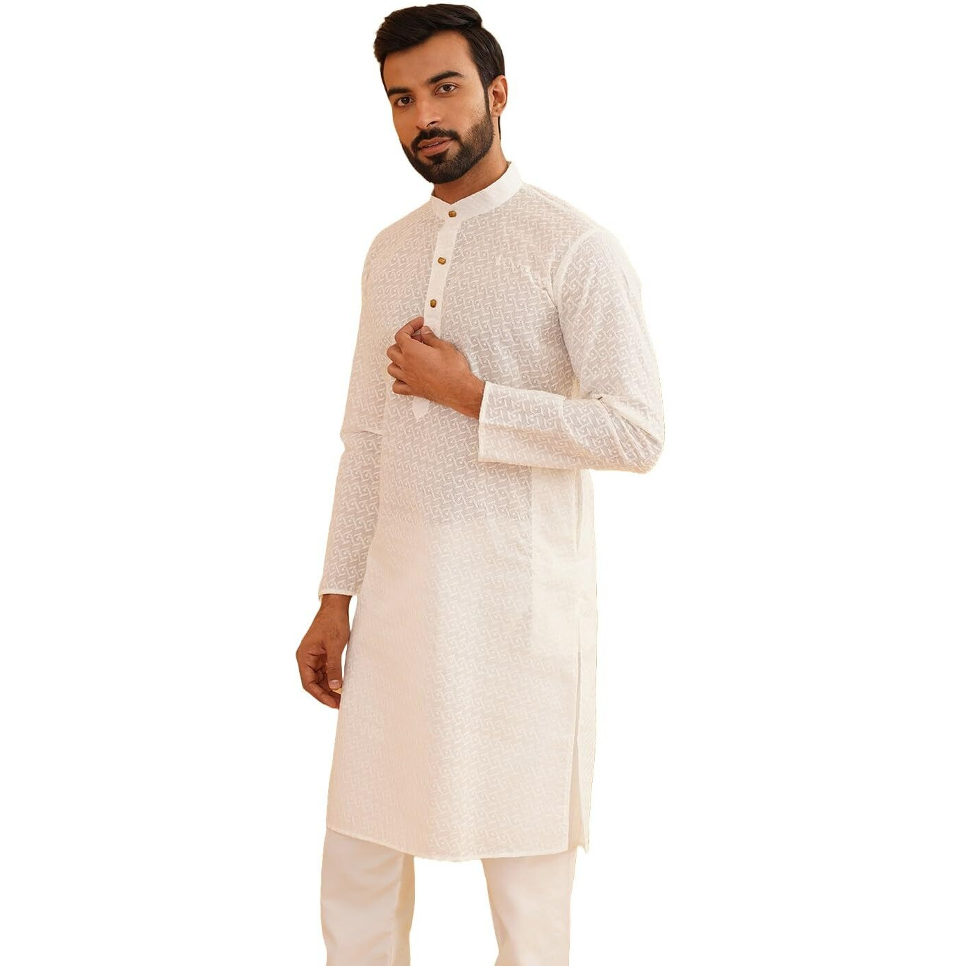 Sojanya (Since 1958 Men's Pure Cotton Chikankari Embroidered Cream Straight Long Kurta