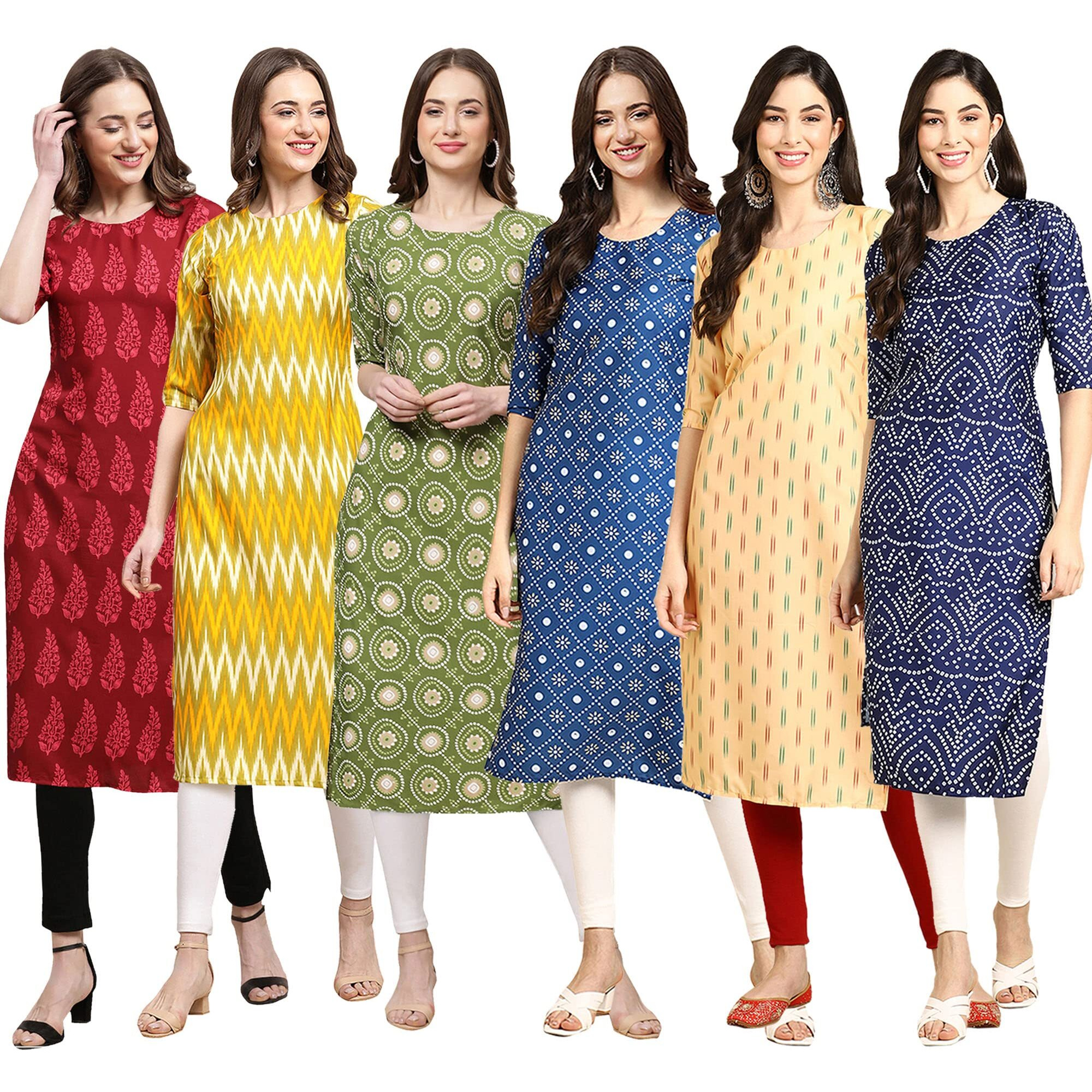 Pinkmint Women's Crepe Digital Print Straight Kurta Pack Of 6 [Cr-337-329-338-353-360-366-L]