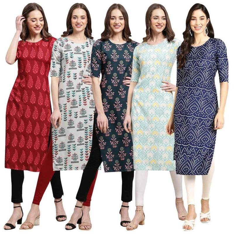 Pinkmint Crepe Digital Printed Kurti For Womens Straight Kurti For Women (Pack Of 5)