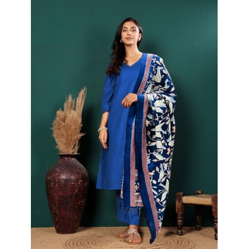 Varanga Women V Neck Straight Kurta With Pants & Dupatta