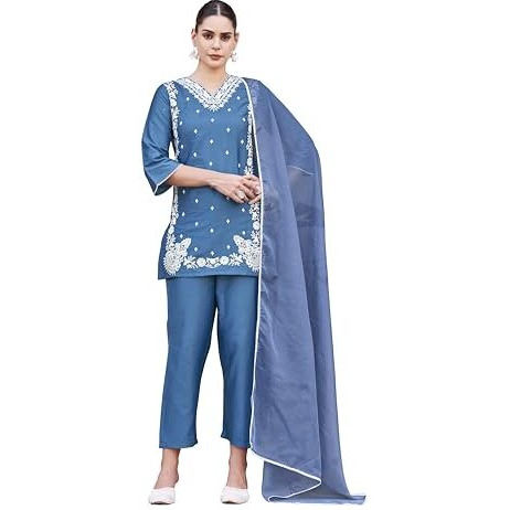 Womanista Women's Cotton Blend Kurta With Trouser & Dupatta (Kurtaset_1401_Blue_M)