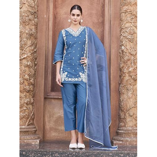 Womanista Women's Cotton Blend Kurta With Trouser & Dupatta (Kurtaset_1401_Blue_M)