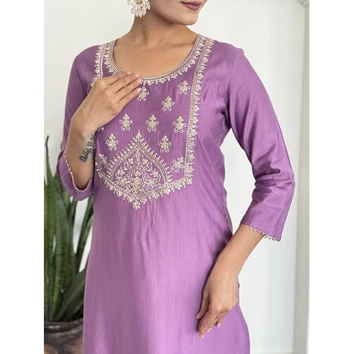 Alvami Women's Silk Embroidery Straight Kurta And Pant Set With Dupatta (Vanisha_Pink_Al_L)