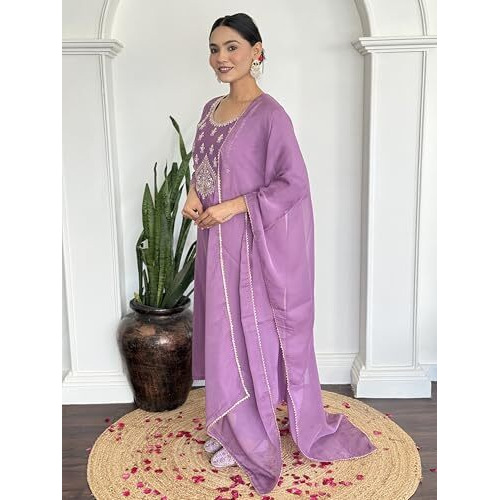Alvami Women's Silk Embroidery Straight Kurta And Pant Set With Dupatta (Vanisha_Pink_Al_L)