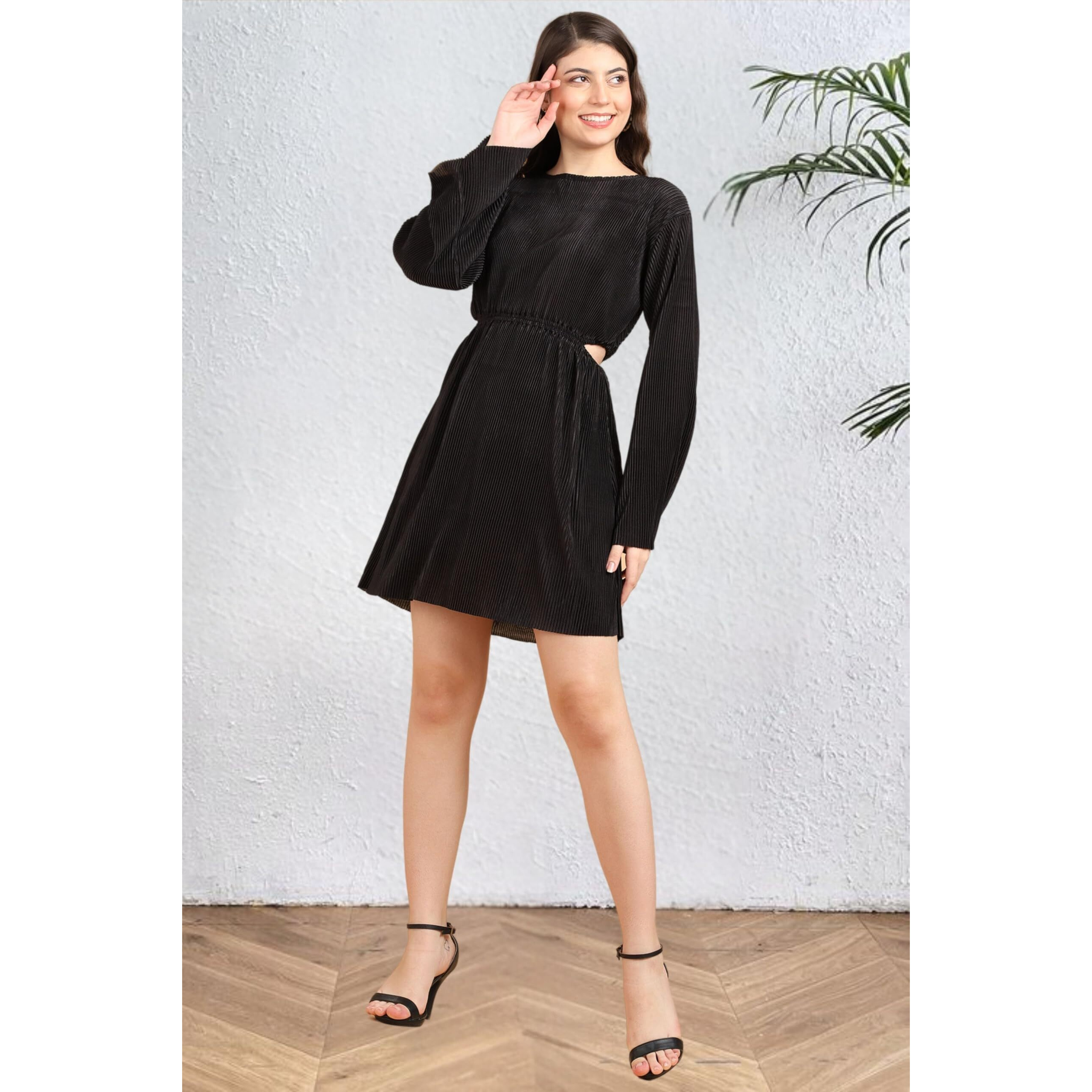 Popwings Casual Wrinkle Cutout Mini Dress For Women | Women Round Neck Dress | Women Knee Length Dress | Full Sleeve Dress For Women Black