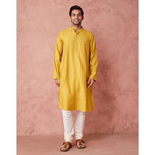 Fabindia Men's Viscose Silk Solid Comfort Fit Kurta (1038359Yellow_Yellow
