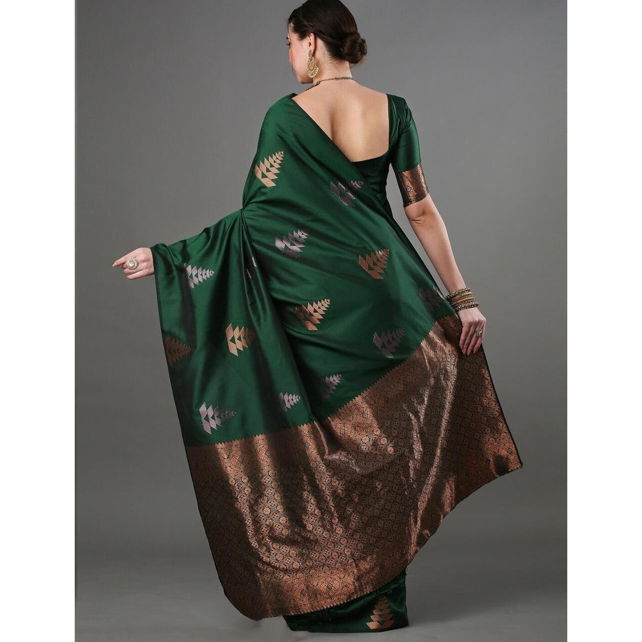 Flosive Women's Dark Color Kanjivaram Silk Saree With Weaving Work (Green)
